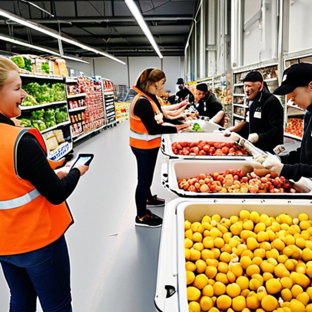 **Image Prompt:** A bustling food bank scene in the Netherlands. Volunteers sorting fresh produce donations from local supermarkets, with a focus on efficient logistics and cold chain management. Technology integration with tablets showing inventory and GPS trackers on delivery vans. Focus on hygiene protocols and happy, diverse volunteers.