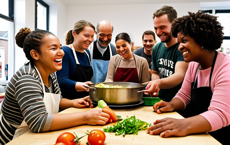 **Image Prompt:** A diverse group of people participating in a cooking workshop at a community center in Amsterdam. Focus on the interaction, smiles, and fresh ingredients being used. Depict a sense of community and learning about healthy eating.